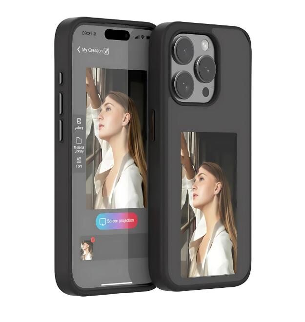 E-Ink phone case by Govee with sleek black design and textured surface, showcasing its slim profile and protective features.