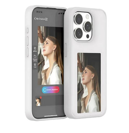 Govee E-Ink Phone Case displaying customizable digital screen with colorful patterns and information on a sleek protective cover